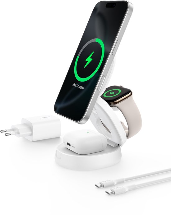 Belkin BoostCharge Pro 3-in-1 Verstelbare Magnetische Laadstandaard QI2 15W – Wit - Magsafe compatibel
