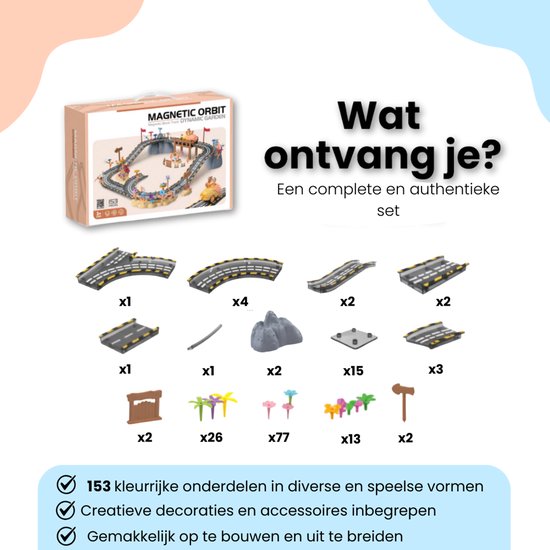 Een doos met speelgoed racebaan en de losse onderdelen: racebaan stukken, een auto, bomen, bloemen en een hamer. 153 kleurrijke onderdelen.