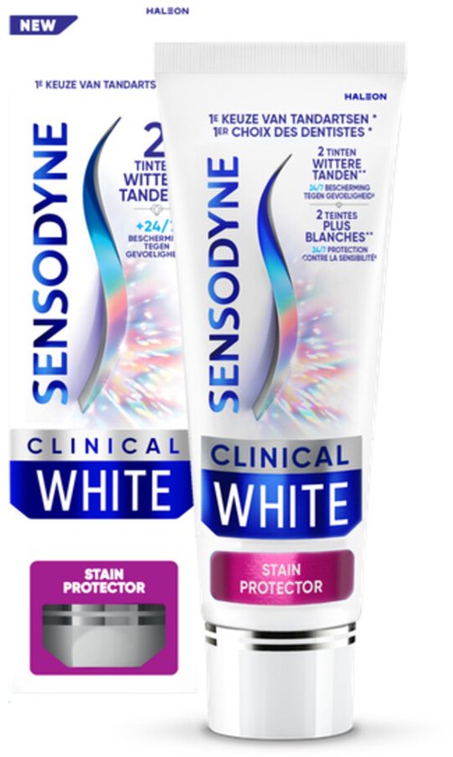 Sensodyne Clinical White tandpasta in een tube, met "NEW" label en "Stain Protector".