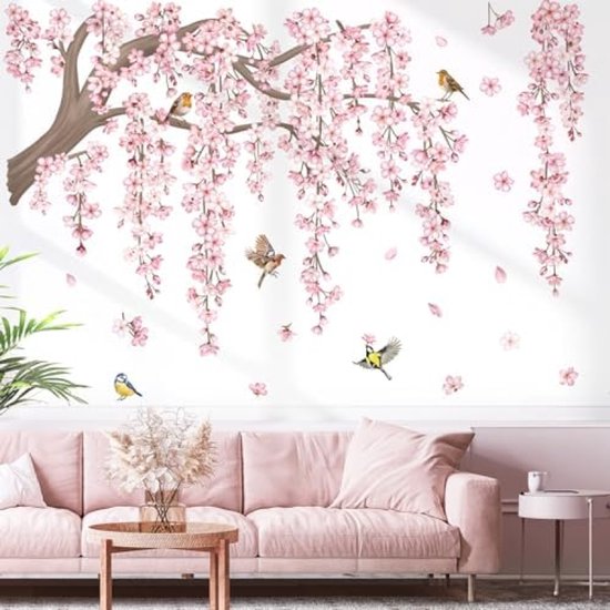 PromoHome Grote Roze Kersenbloesem Boom Muursticker Met Vogels - Bloem Tak Wanddecoratie Voor Woonkamer, Slaapkamer En Tv Achtergrond