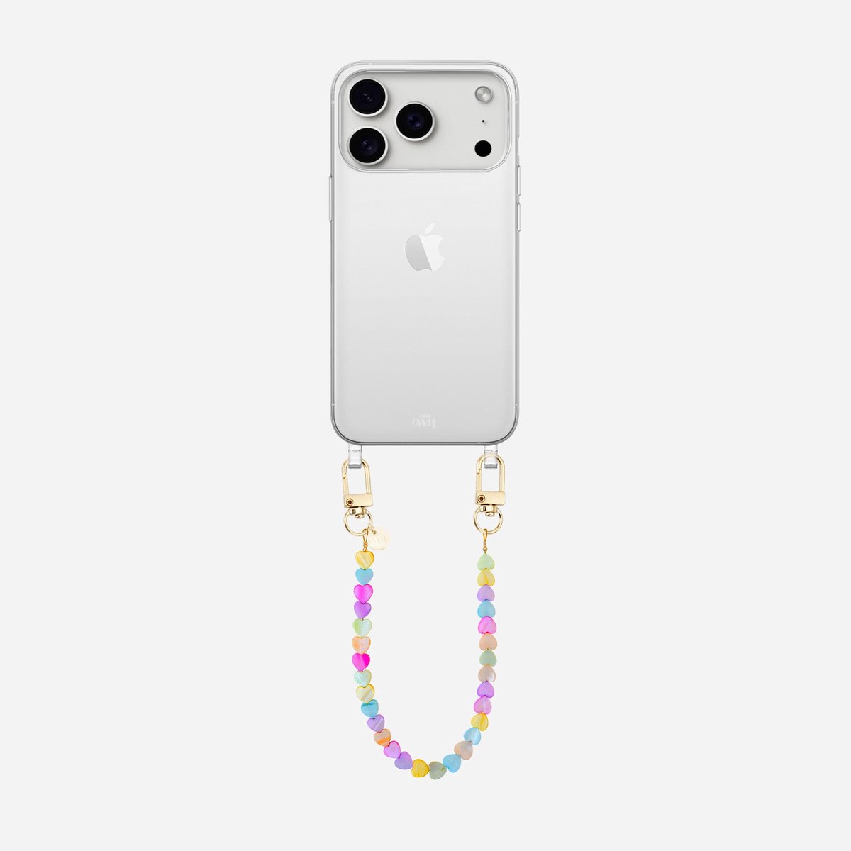 xoxo Wildhearts siliconen hoesje - Geschikt voor iPhone 17 Pro hoesje - Shell Hearts (short) - Telefoonhoesje - Hoesje met koord - gekleurde hartjes - Kort koord - Transparant hoesje met telefoonkoord - Regenboog / Meerkleurig