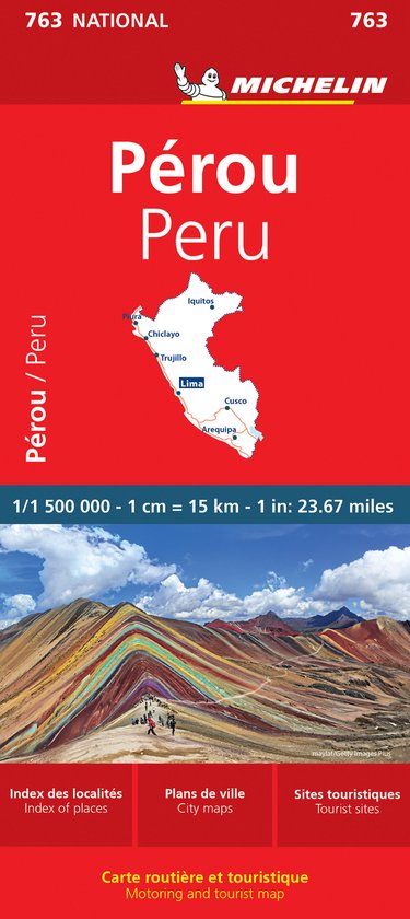Carte Michelin du Pérou avec la montagne arc-en-ciel et le bonhomme Michelin.
