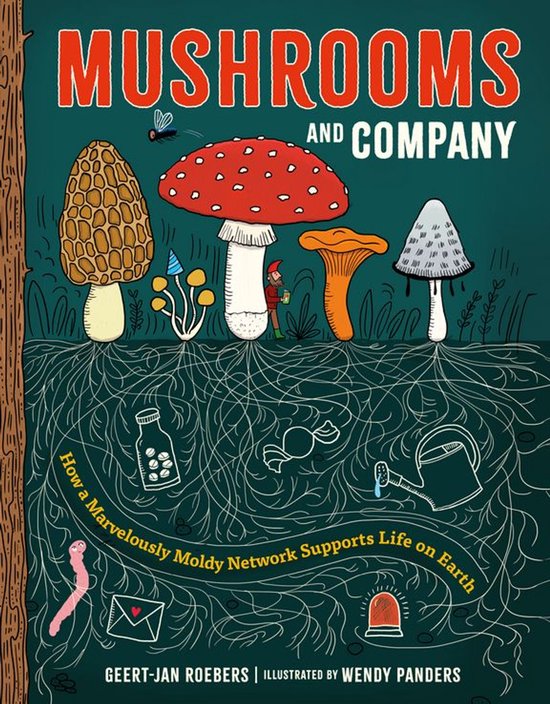 Boekomslag 'Mushrooms and Company' met illustraties van diverse paddenstoelen en een ondergronds netwerk.