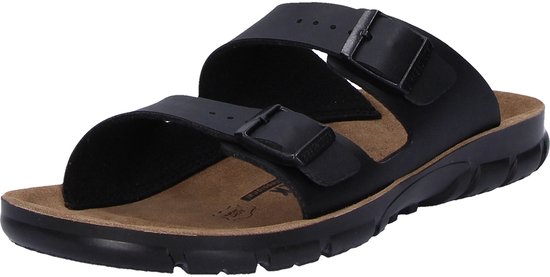 Mule noire Birkenstock avec deux boucles, vue de côté.