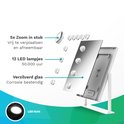 Spiegel met 12 LED lampjes, 5x zoom spiegel, verzilverd glas en corrosiebestendig.