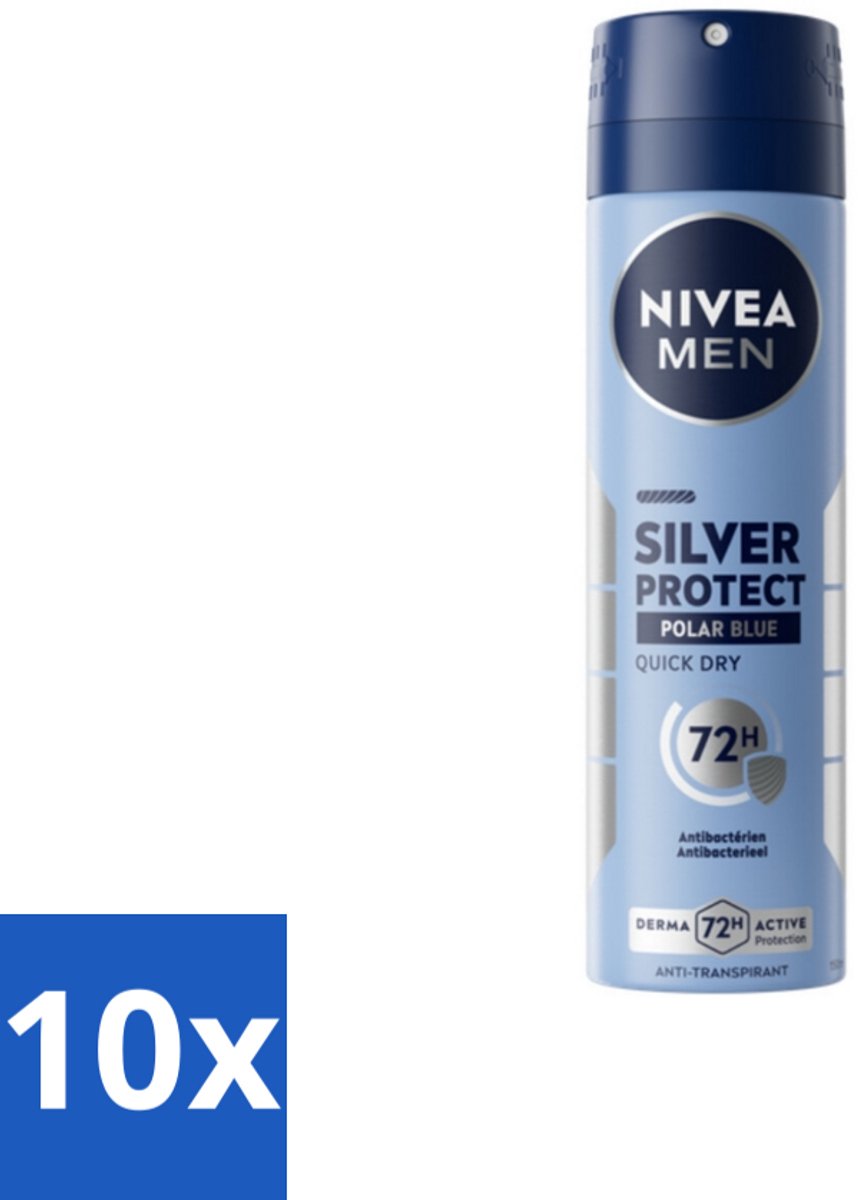 10 x Nivea - Men - Deodorant - Spray - Silver Protect Polar Blue - 150 ml - Deodorant Spray - Zilverionen - 72 Uur Bescherming - Anti-transpirant - Zweetgeur