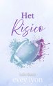 Couverture de livre avec le titre 'Het Risico' écrit en lettres violettes, avec un ballon de football américain entouré d'éclaboussures de peinture.