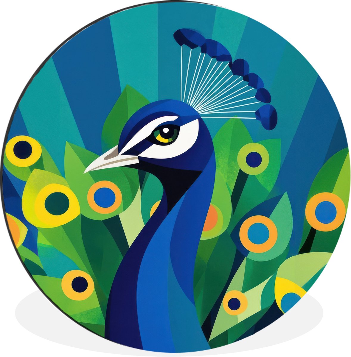 WallCircle Wandcirkel - Muurcirkel - Pauw - Cirkels - Blauw - Aluminium - Dibond - 120x120 cm - Binnen en Buiten Pauw - Veren