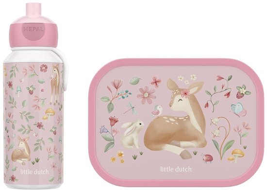 Boîte à lunch et gourde roses avec imprimé Little Dutch : cerfs, lapins et fleurs.