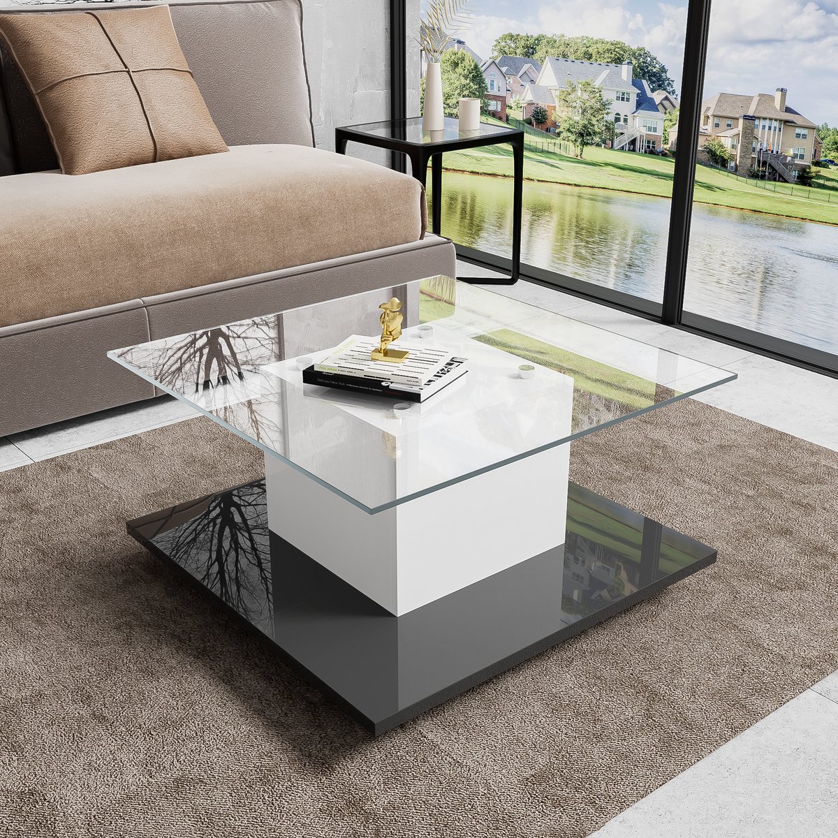HAUSS SPOLE Salontafels - Koffietafel Met LED-Verlichting En Stauraum - Hoogglans Woonkamer Tafel Met Schwenkrädern - 80x40x80 cm - Spaanplaat - Wit en Zwart