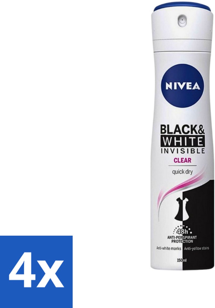 4 x Nivea - Deospray - Invisible Black & White - 48 Uur Lange Bescherming - 150 ml - NIVEA Deodorant Spray - Anti-transpirant - 48 Uur Bescherming - Witte Strepen - Gele Vlekken