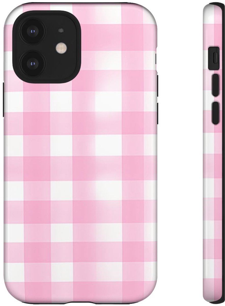 Roze en Wit Geruit Patroon – Telefoonhoesje Geschikt voor iPhone 12