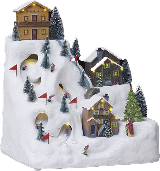 Feeric Christmas Kerstdorp kerst tafereel - skipiste - met verlichting, muziek, beweging - 34,5 cm - polyresin