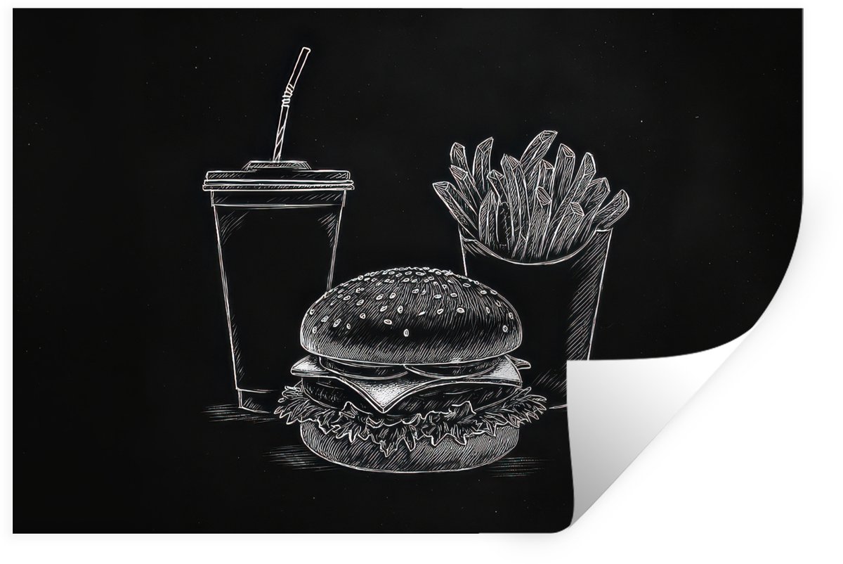 Muurstickers - Sticker Folie - Hamburger - Friet - Frisdrank - Krijttekening - 90x60 cm - 