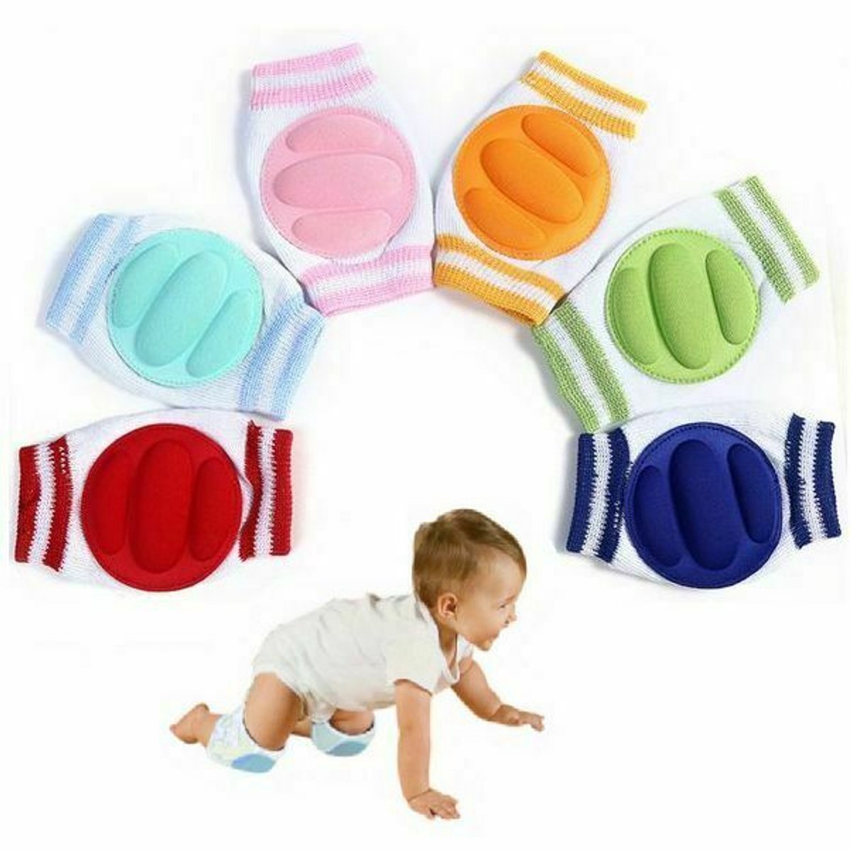6 paar babykniebeschermers, veilige kruipmatten voor baby's en peuters in de kleuren roze, blauw, geel, oranje en paars