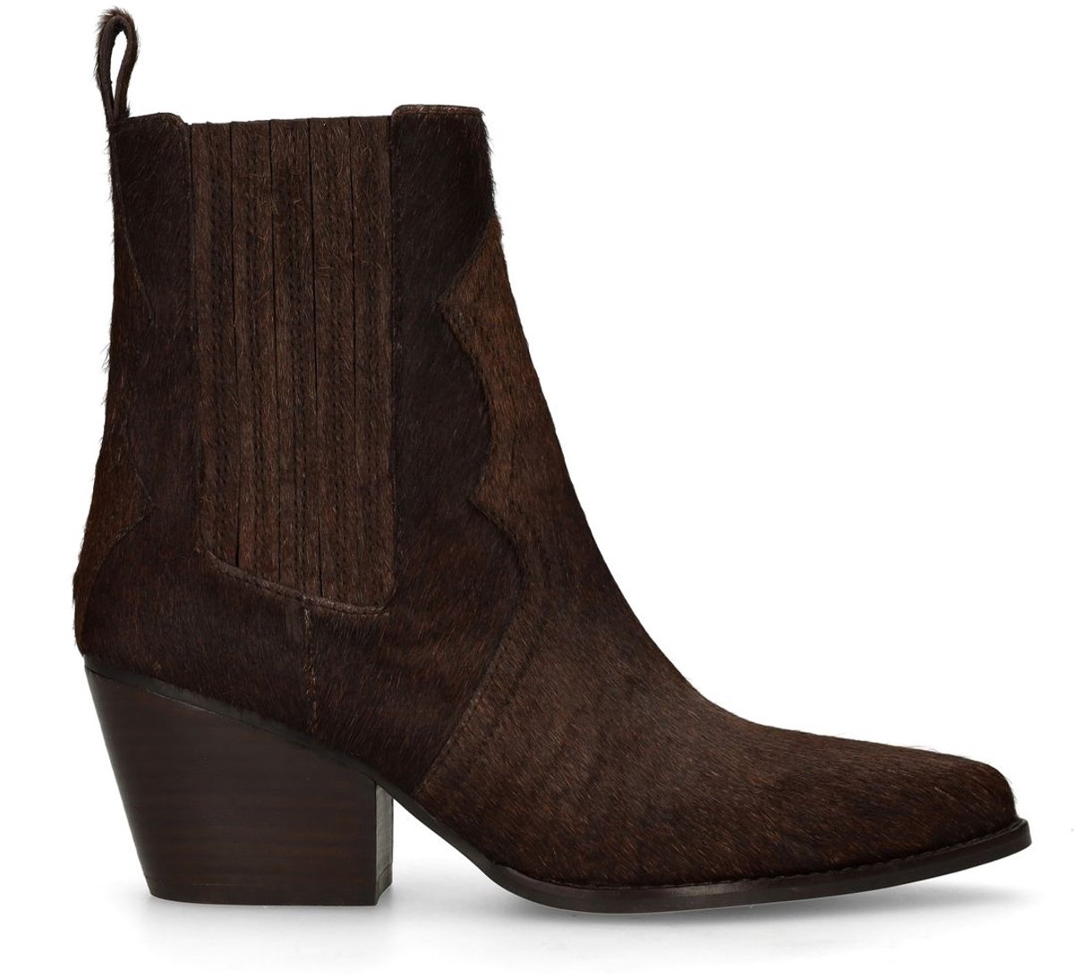 Sacha - Dames - Donkerbruine pony hair enkellaarsjes met hak - Maat 42