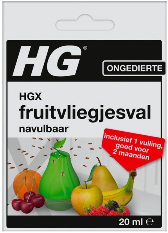 HGX fruitvliegjesval navulbaar met fruitillustraties, vliegjes, rode tekstballon.