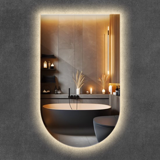 Wallfluent LED Spiegel - Boogvormige Spiegel met verlichting - 60 x 100 cm - Ovale afgeknotte Spiegel - Woonkamerspiegel – Badkamerspiegel – Halspiegel – Slaapkamerspiegel - Fitnessstudio - Warm Wit - Energiezuinige Spiegel - Spiegel in Loftstijl