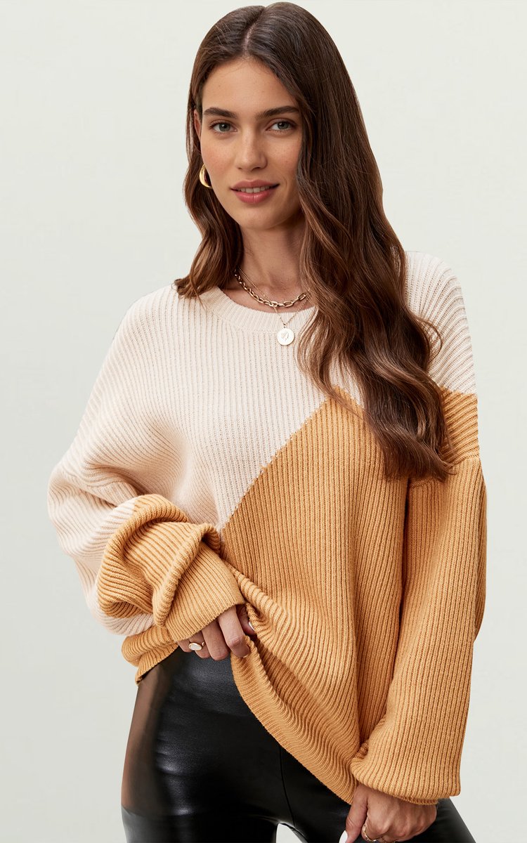 Relaxte gebreide trui-top in effen kleur in beige en camel
