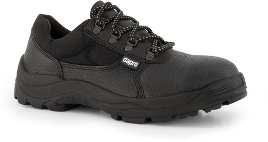 Chaussure de travail Dapro noire avec lacets et un logo sur le côté.