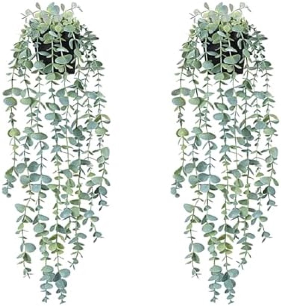 PromoHome Kunstmatige Hangplanten Set van 2 - Groene Nep Klimop en Eucalyptus Decoratie met Zwarte Potten voor Binnen - Kantoor, Woonkamer, Balkon Muur Decor
