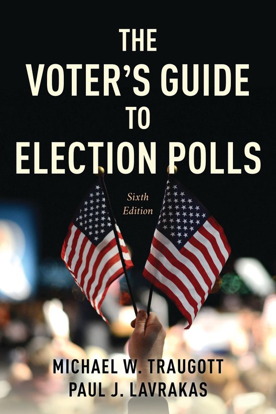 Boekomslag: 'The Voter's Guide to Election Polls', zesde editie, met twee Amerikaanse vlaggetjes tegen een wazige menigte.