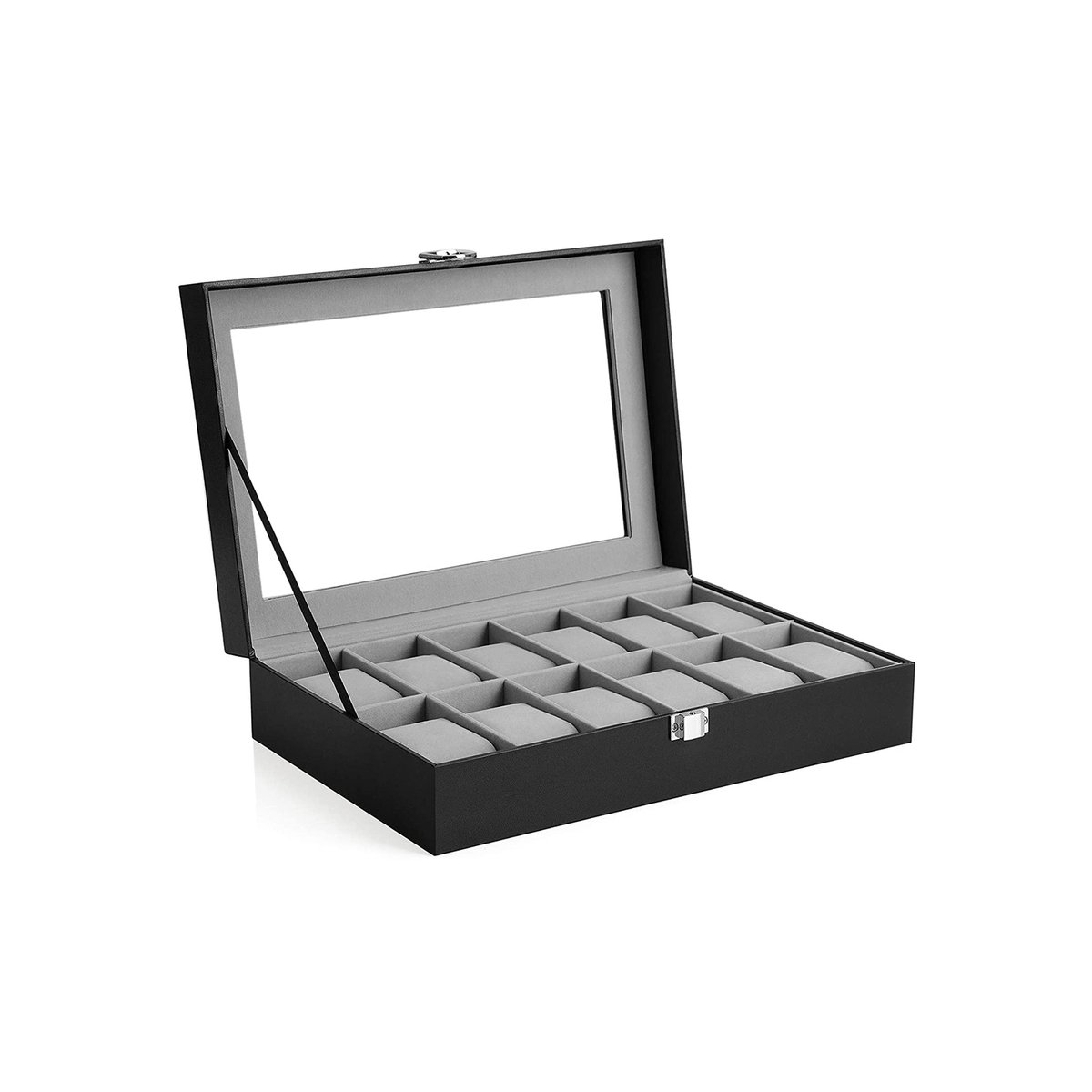 Horlogedoos Sieradendoos Horlogedisplaydoos met metalen sluiting, glazen deksel, 12 vakjes en afneembare horlogekussentjes 30,2 x 20,2 x 8,1 cm Zwart exterieur + grijze voering