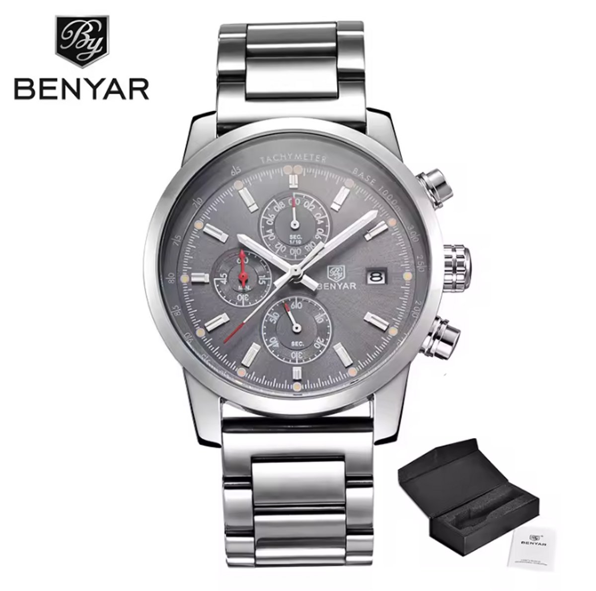 BENYAR Horloge BY-5102 - Zilverkleurig-Grijs - Heren - Quartz - Chronograaf - Stalen Band - Luxe Sportief