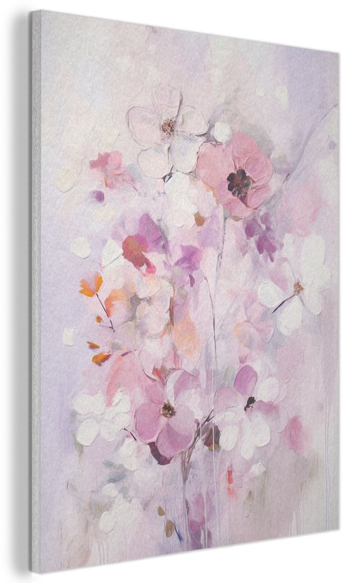 Abstract schilderij van paarse en roze bloemen met lila achtergrond, close-up.