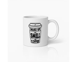 Koffiemok 330ml – "Word Wakker en Ruik de Koffie" Inspirerende Quote Beker – Leuk Cadeau voor Koffieliefhebbers