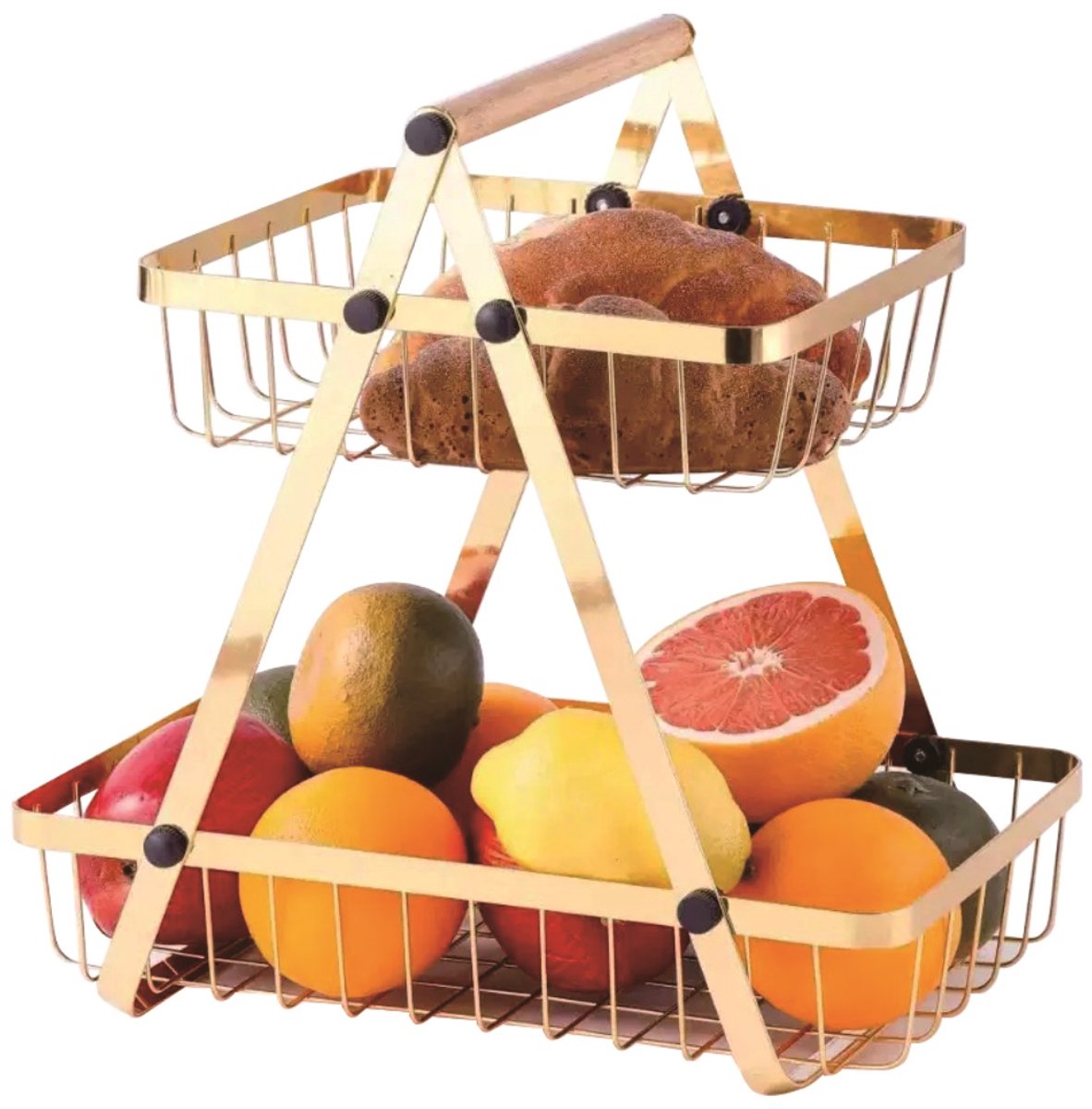 Cheffinger Fruitschaal - 2 Laags - Goud - Fruitmand - Fruitmand Metaal - Etagère - Decoratie Schaal - Hout