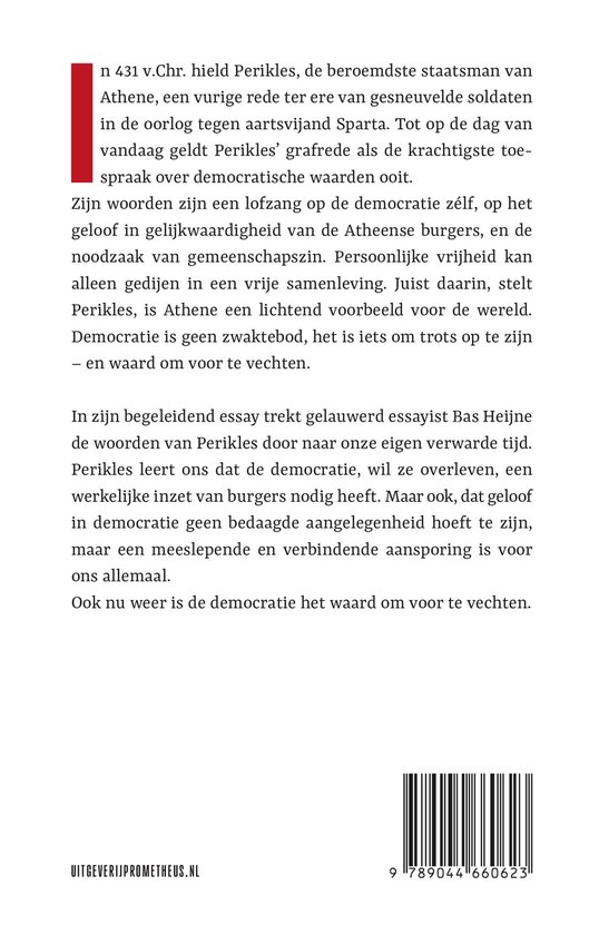 Boekomslag met tekst over Perikles en democratie, Prometheus Uitgeverij.