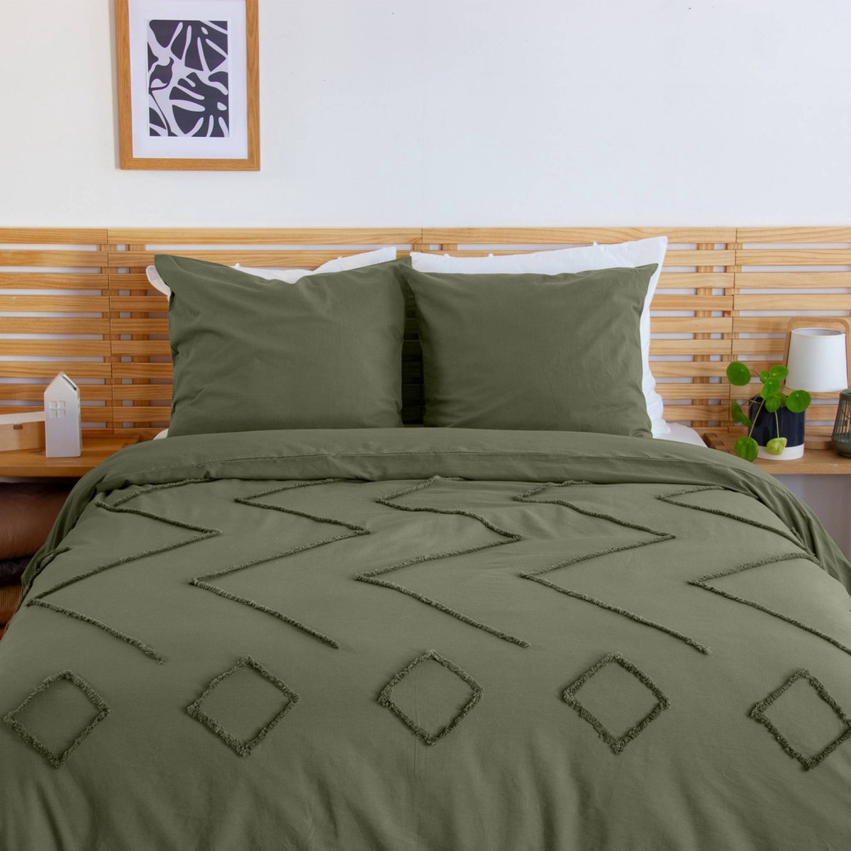 sweeek - Beddengoedset gewassen katoen, etnische motieven, 2 personen in groen, 1 dekbedovertrek + 2 kussenslopen 63x63cm