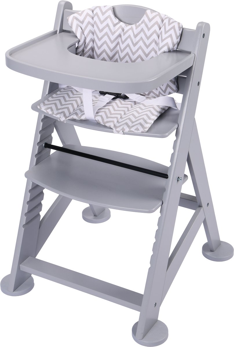 Sunny Fynn Kinderstoel Grijs – Houten Meegroeistoel – Verstelbare Babystoel met Veiligheidsgordel en Kussenset – Vanaf 9 Maanden tot Peuter
