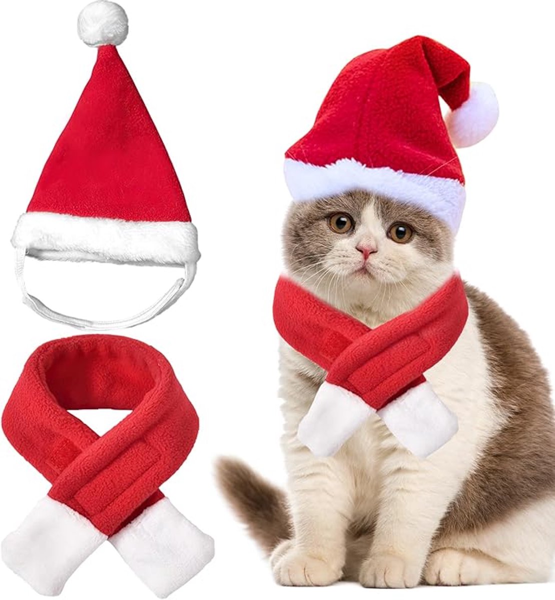 Daity Kat Kerstman Hoed en Sjaal - Decoratief Kerstkostuum - Kitten Kostuum - Kerstman Hoed - Kerstkostuum - Kat Kostuum