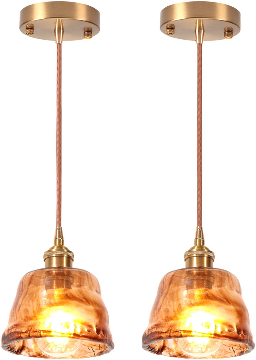 2 Stuks Hanglamp Vintage Glas E27 Kroonluchter Slaapkamer Amber Plafondlamp voor Keuken Ee