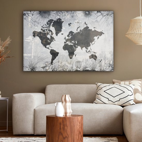 Wereldkaart avec motif béton gris foncé décorée d'illustrations de fleurs 140x90 cm