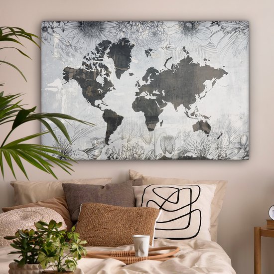 Wereldkaart avec motif béton gris foncé décorée d'illustrations de fleurs 140x90 cm