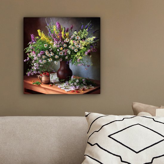 Tableau sur toile Fleurs - Tableau - Nature morte - Bouquet - Vase - 20x20 cm - Décoration murale