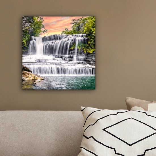 Peinture sur toile - Cascade - Arbre - Plantes - Rocher - Peintures salon - Chambre - Tableaux sur toile nature - Décoration murale - 20x20 cm