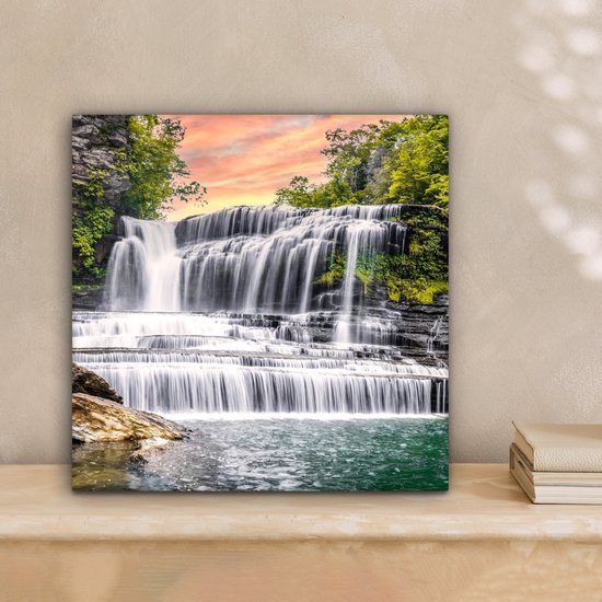 Peinture sur toile - Cascade - Arbre - Plantes - Rocher - Peintures salon - Chambre - Tableaux sur toile nature - Décoration murale - 20x20 cm