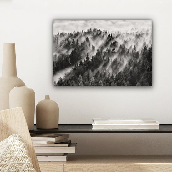 Peinture sur toile - Arbres - Brouillard - Forêt - Paysage - Peintures sur toile - 30x20 cm - Photo sur toile - Canvasdoek