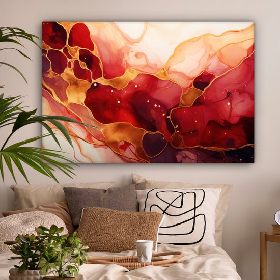 Tableau sur toile Marbre - Rouge - Or - Moderne - Abstrait - 120x80 cm - Décoration murale