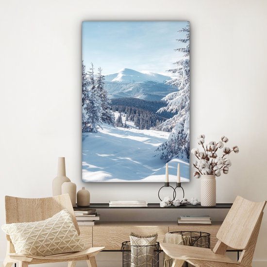Peinture sur toile 80x120 cm - Décoration murale Paysage d'hiver - Nature - Berg - Arbres - Neige - Décoration murale salon - Décoration chambre - Accessoires de chambre - Peintures