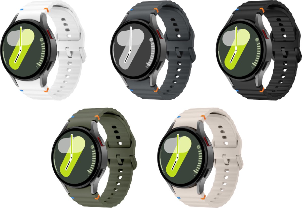 Strap-it Siliconen Wave bandjes (5 stuks) – geschikt voor Samsung Galaxy Watch 7 (40 & 44mm) / 6 (Classic) / 5 (Pro) / 4 (Classic) / Watch FE – Zwart, Wit, Sterrenlicht, Grafiet & Legergroen