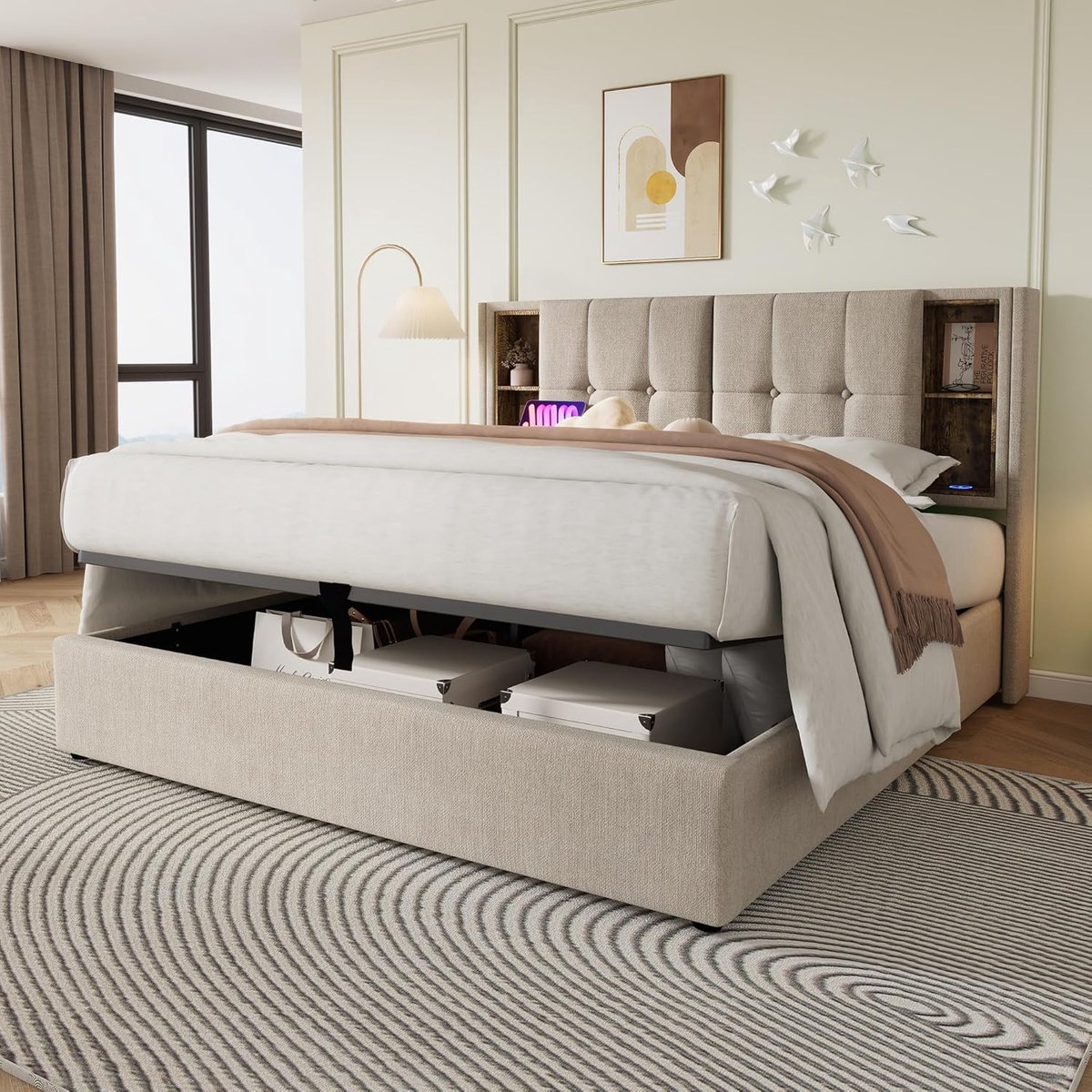 Tweepersoonsbed 140 x 200 cm met Opbergruimte en Lattenbodem – Beige Katoen