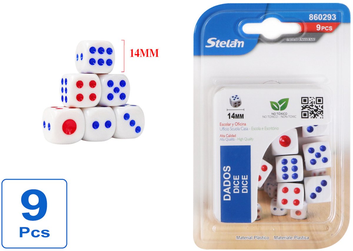 Decopatent - 9 STUKS Dobbelstenen BLAUWE EN ROOD ogen - Dobbelsteen Set van 9 stuks - Afm 1.4 x 1.4 x 1.4 Cm - Dice - Dobbelen - Dobbelstenenset voor Bordspellen - Yahtzee - Bordspel - Gezelschapsspel - Voor Dobbelsteen Spelletje