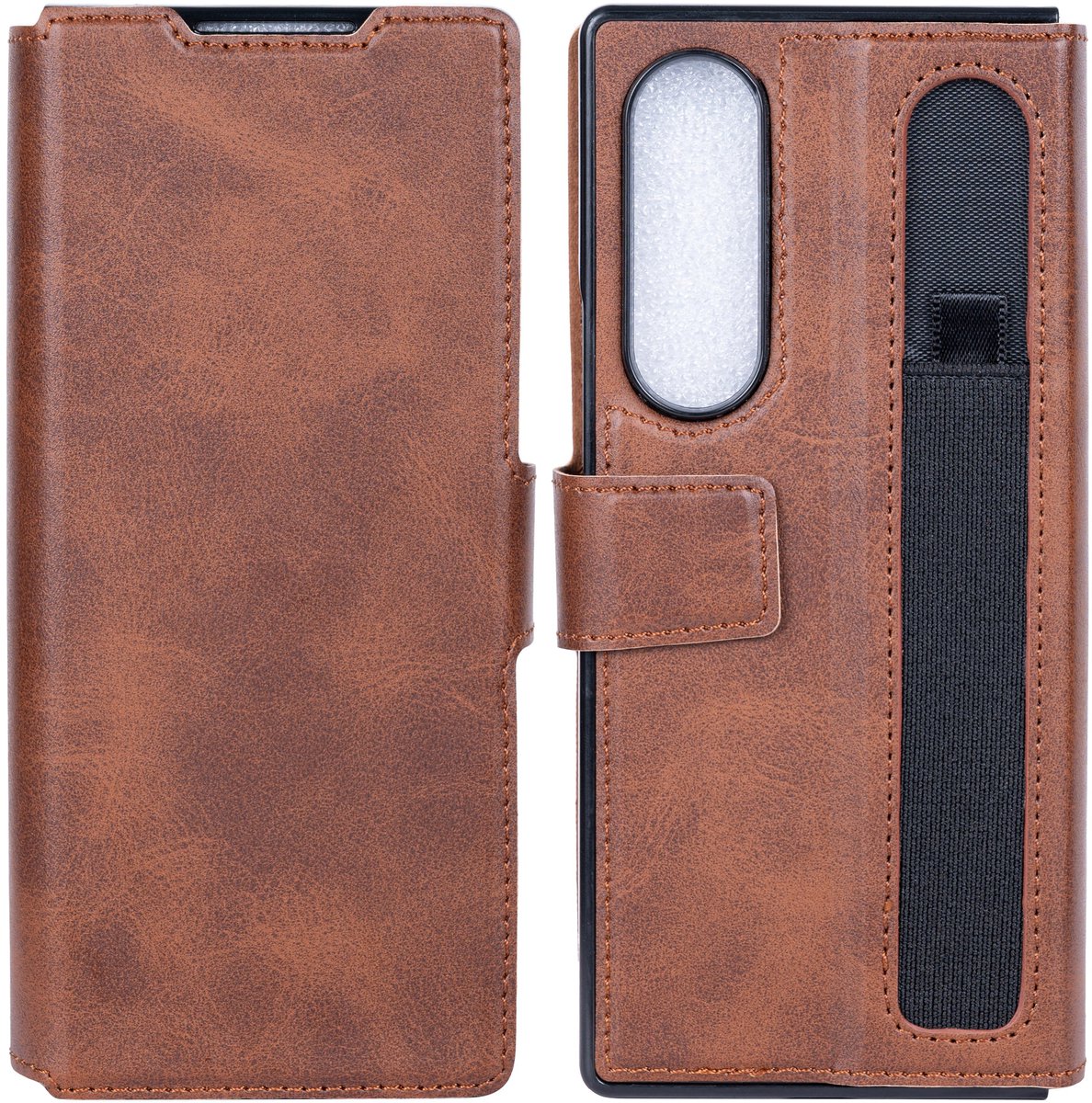Rixus Wallet Case With Pen Holder For Samsung Galaxy Z Fold4 Brown