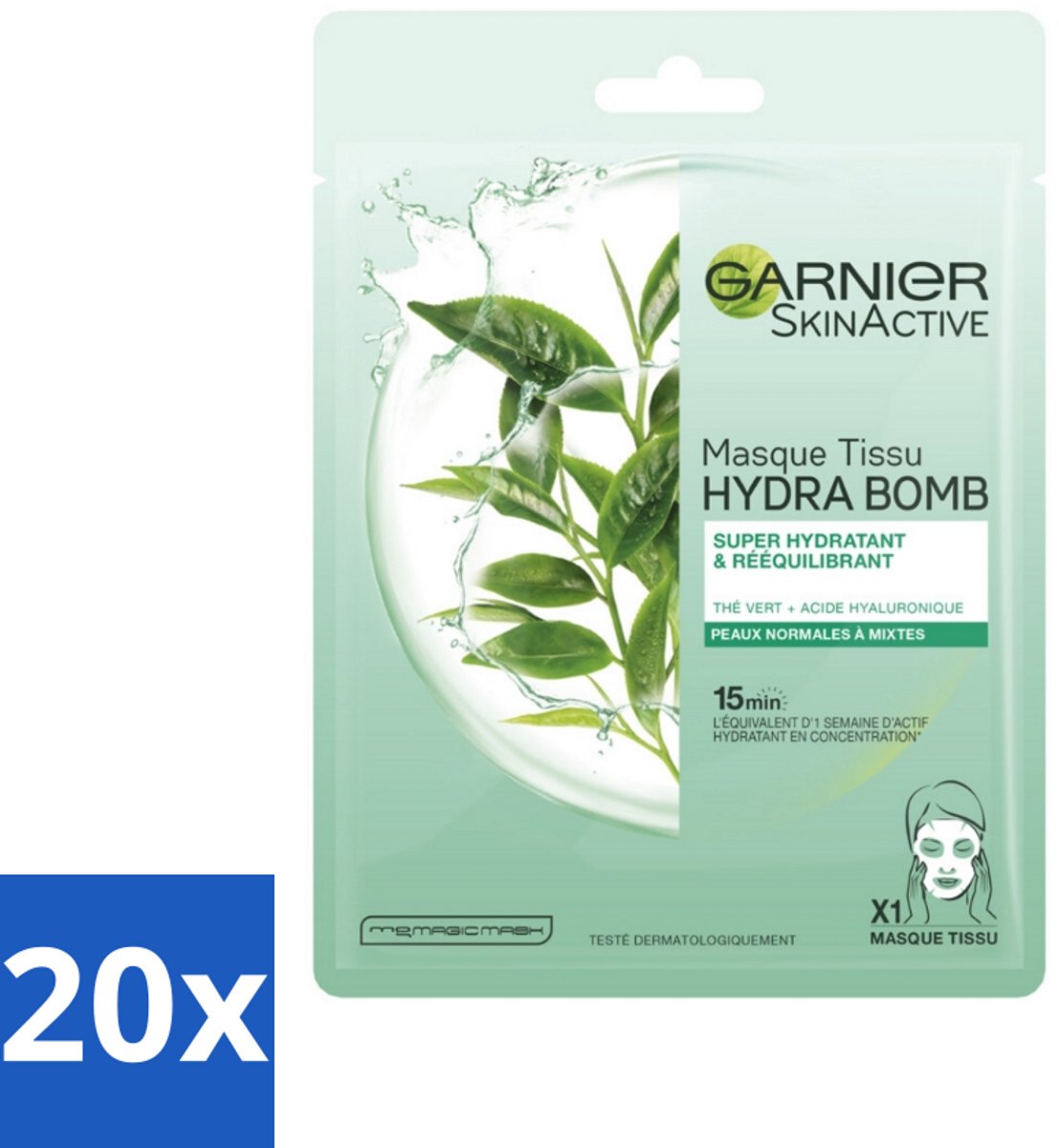 20 x Garnier - SkinActive - Hydra Bomb Tissue Masker - Groene Thee - 1 Gezichtsmasker - Voordeelverpakking - 20 stuks