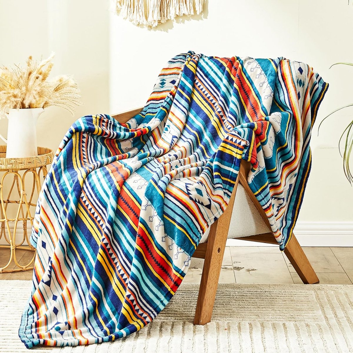 Grote zachte plaids voor sofa's – Azteekse blauwe gestreepte deken 230x270cm